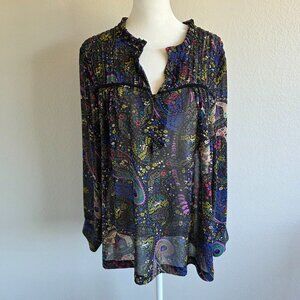 Dolan T-Shirt LA Floral Blouse Women L Large Semi Sheer Ruffle Collar Split Neck